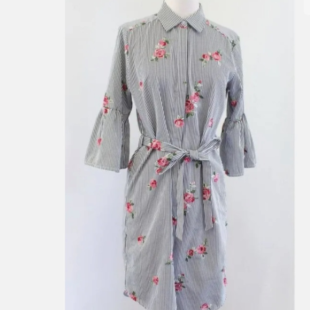 Striped Summer Shirt Dress with embroidered roses collar and bell sleeves